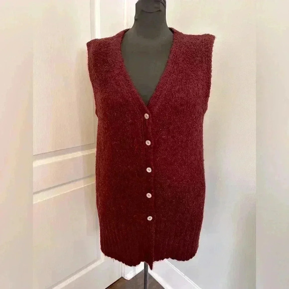Jones NY Womens M Vintage Y2K Maroon Button‎ Front Vest Sweater Duster Cardigan - Picture 1 of 9
